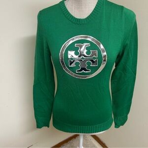 TORY BURCH Green Big Silver Logo 100% Wool Long Sleeve Zip Sweater Sz XS Preppy